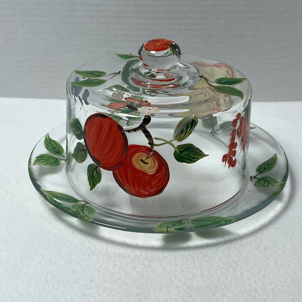 Vintage  Hand-Painted Glass Butter Dish with Red Fruit Motif